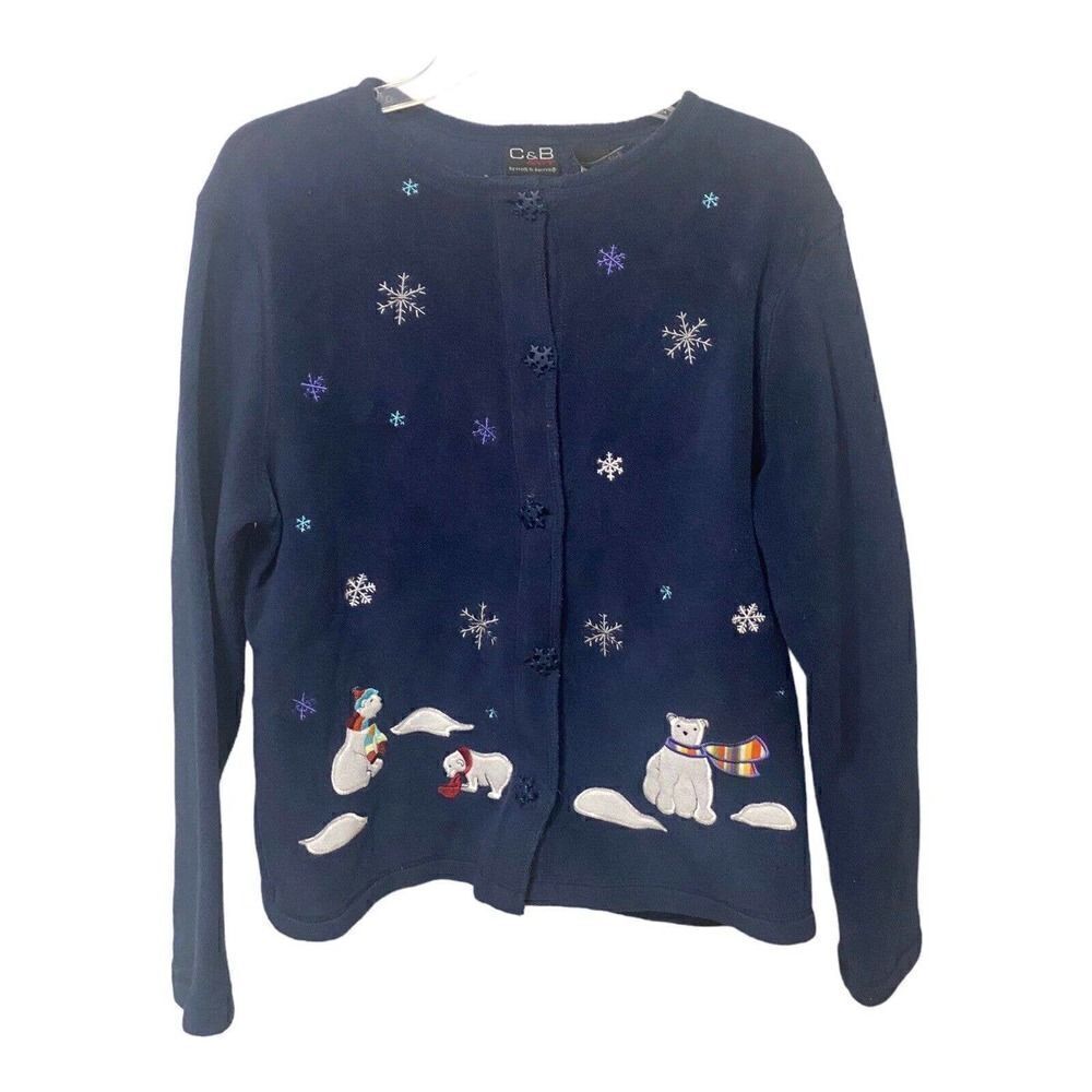 VTG Croft & Barrow Holiday Sweater Women Small Blue Button Up Christmas